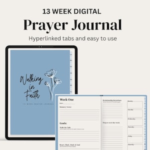Puede incluir: Un diario de oración digital con una cubierta azul claro con el texto "Walking in Faith" e ilustraciones florales. El diario está abierto a una página con secciones para metas, versículos de memoria e intenciones de relación. El texto "13 Week Digital Prayer Journal" está en la parte superior.