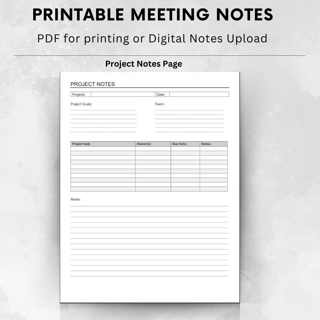 Meeting & Project Notes Template: Printable Planner (PDF) - Etsy