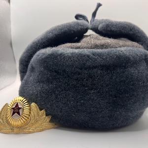 May include: A dark grey Ushanka hat with ear flaps and a brown top section. A gold-coloured military cap badge with a red star and laurel wreath design is placed in front of the hat. The hat is made of a soft, fuzzy material.