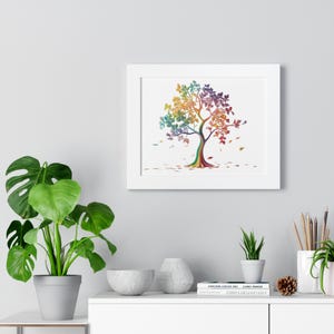 Poster Druck, Regenbogen Baum mit fallenden Blättern Kunstdruck, Wand Kunst Dekor, Geschenk für Naturliebhaber, Herbst Dekoration, Horizontale Wandkunst