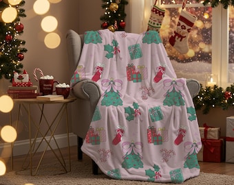 Pink Coquette Christmas Blanket, Christmas Tree Fleece Throw, Cozy Winter Home Decor, Cute Xmas Blanket, Pastel Christmas Gift for Family