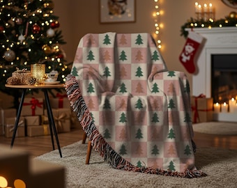 Manta navideña tejida retro, manta navideña, manta navideña rosa, manta para Navidad, decoración navideña, regalo familiar, árbol de Navidad