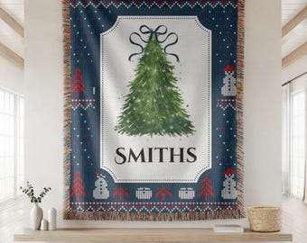 Manta familiar navideña personalizada, regalo de Navidad, manta con nombre familiar para regalos de Navidad, manta tejida navideña, regalo familiar personalizado de Navidad