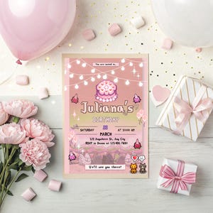 May include: A birthday invitation with a pixelated cake design and the text "Juliana's Birthday." The invitation is pink with decorative elements, including balloons, flowers, and a wrapped gift. The date is March 29th.