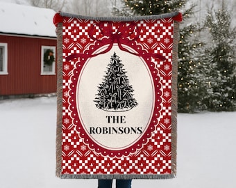 Manta navideña personalizada, manta familiar navideña, manta con nombre familiar para Navidad, decoración navideña, tapiz navideño
