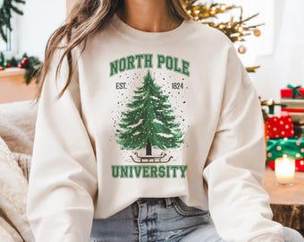 Sudadera navideña de la Universidad del Polo Norte, suéter navideño, regalo de Navidad, sudadera navideña universitaria, atuendo festivo para las fiestas