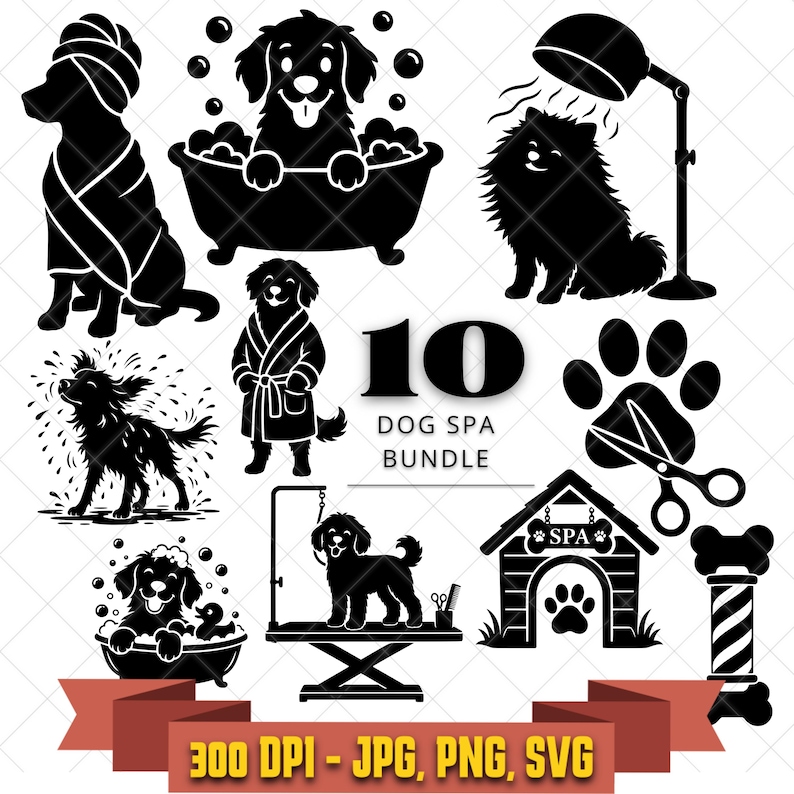 Design preview 1 of 2. Dog Spa SVG Bundle, Pet Grooming Clipart, Bath Time Designs, shown as downloadable artwork for Cricut, Silhouette, vinyl-cutting and printable craft projects.