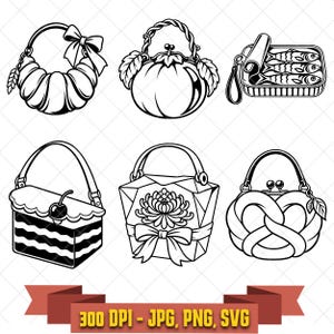 Pode incluir: Uma coleção de seis ilustrações de linha em preto e branco apresentando bolsas com formatos originais: um croissant com laço, um tomate, uma lata de sardinhas, uma fatia de bolo com cereja, uma caixa de presente com flor e um pretzel.