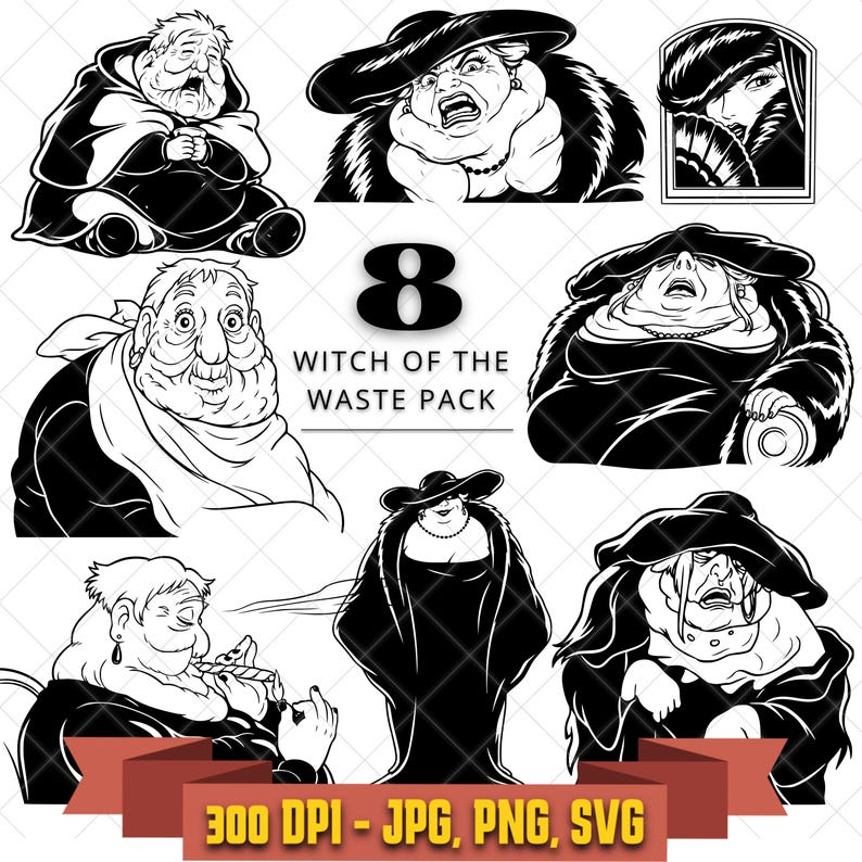 Ornate fantasy witch black-and-white clipart bundle