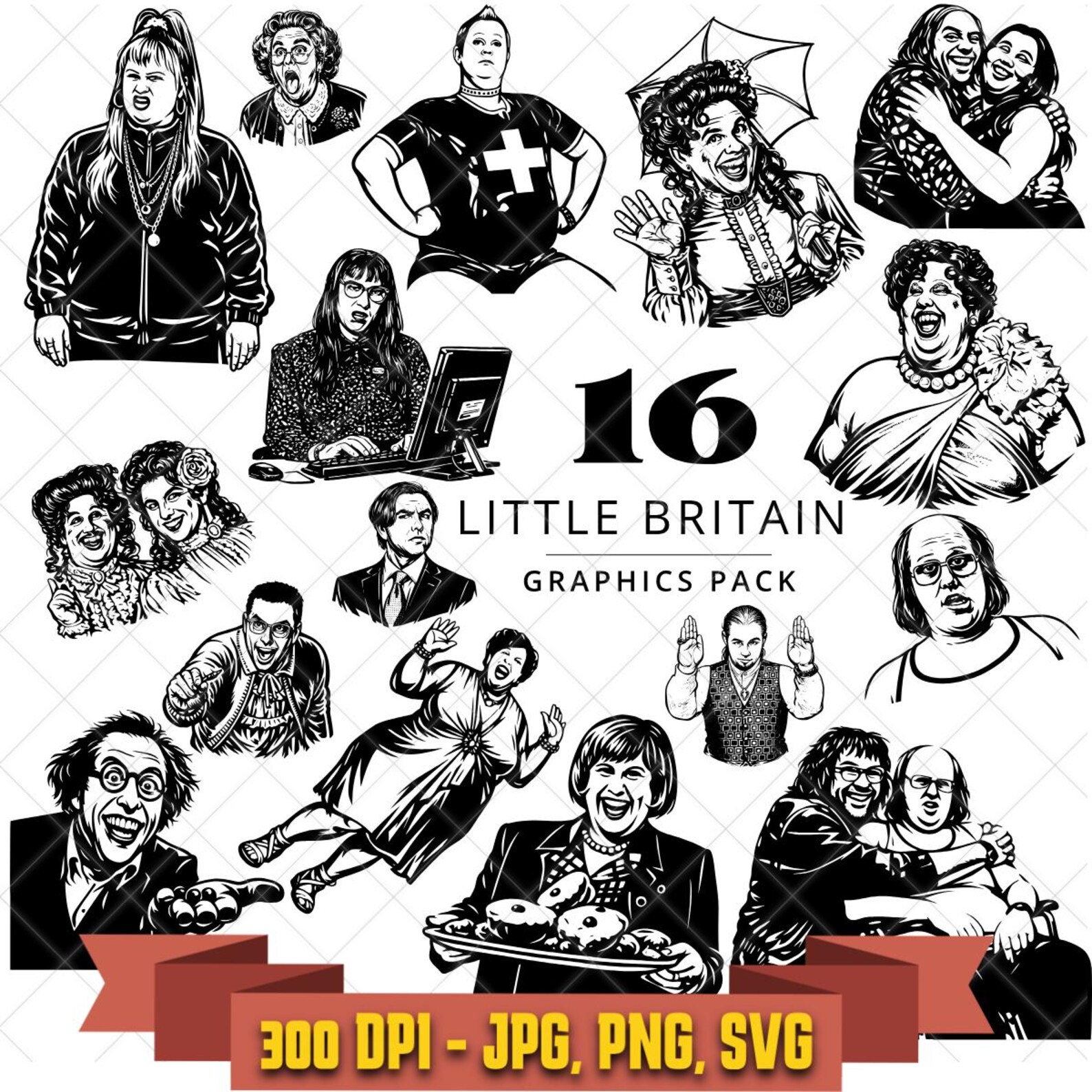 Little Britain Character Graphics Pack, 16 PNG SVG Files digital design bundle in the Comedy collection by KleanKutChaos.