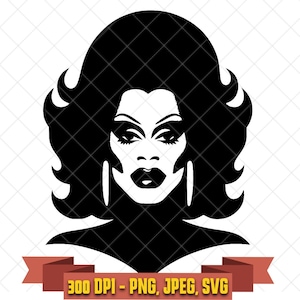 May include: A black and white graphic illustration of a person with voluminous hair, heavy eye makeup, and long earrings. Below the portrait, a red banner displays the text 300 DPI - PNG, JPEG, SVG in yellow, indicating file formats and resolution.