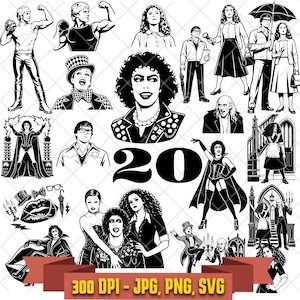 May include: A collection of black and white illustrations featuring characters and iconic symbols from The Rocky Horror Picture Show, including figures in various poses, outfits, and settings, with the number 20 and text 300 DPI - JPG, PNG, SVG.