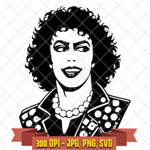 May include: A black and white digital illustration of a person with voluminous curly hair, heavy eye makeup, and a pearl necklace, wearing a collared jacket with geometric patterns. A red banner at the bottom displays the text 300 DPI - JPG, PNG, SVG.
