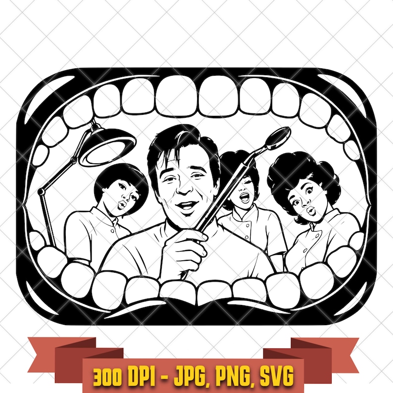 Black-and-white Little Shop of Horrors dentist scene cut file with three characters framed inside a giant open mouth