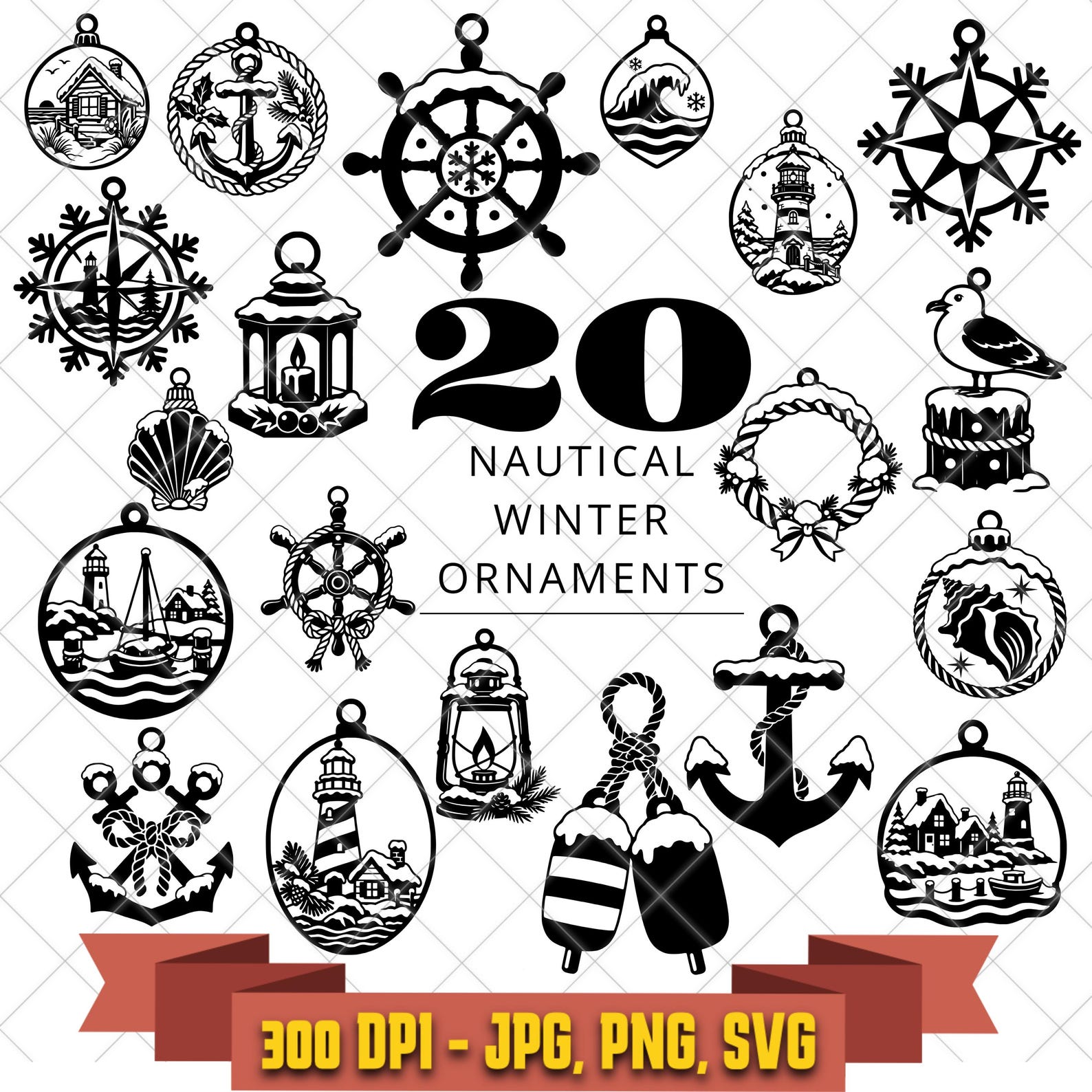 20 Nautical Winter Ornament SVG Bundle, Anchor, Lighthouse and Ship Wheel in the Decorative Elements collection by KleanKutChaos.