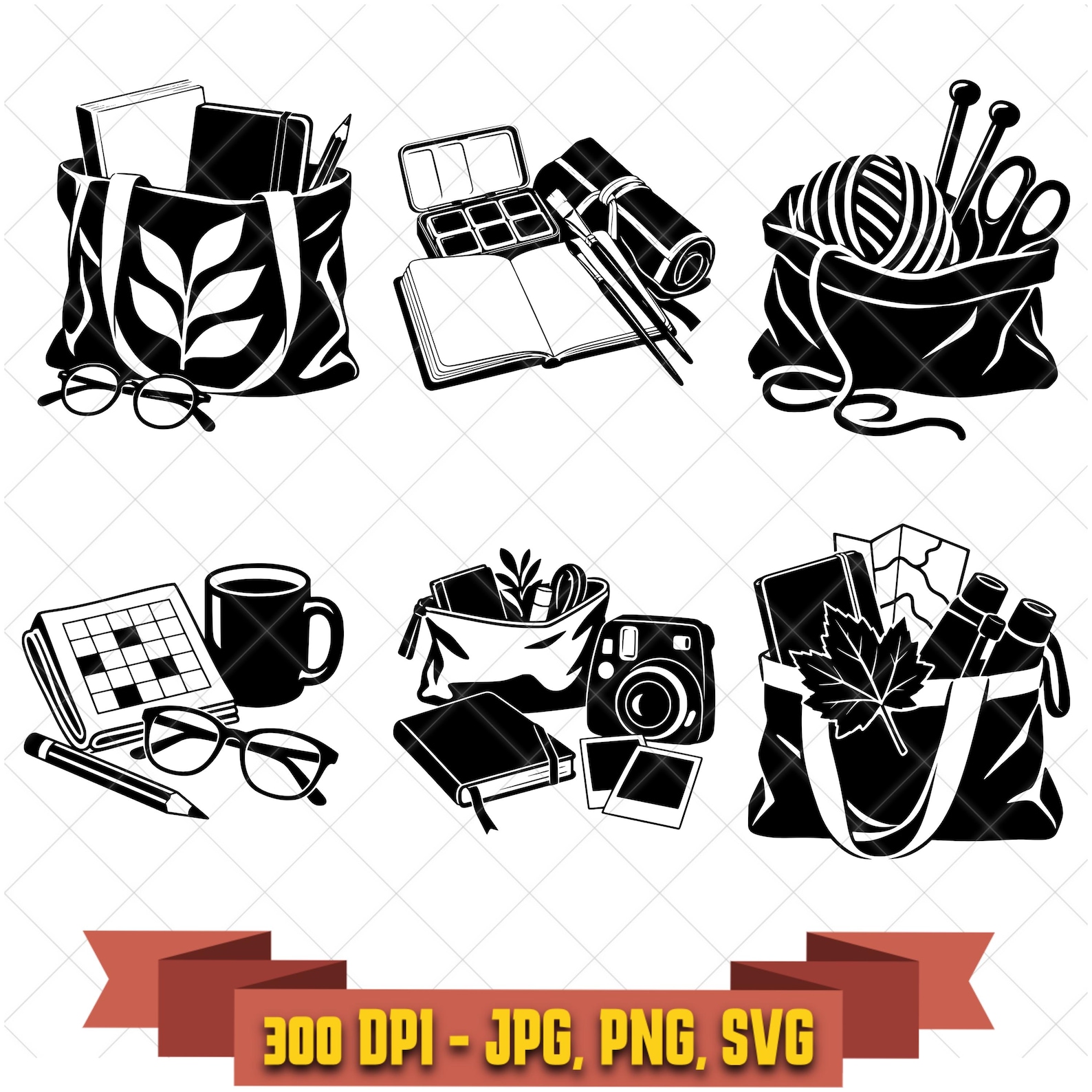 Offline Essentials SVG Bundle, 6 Cozy Hobby Designs, Reading Knitting Art Camera PNG JPG in the Decorative Elements collection by KleanKutChaos.