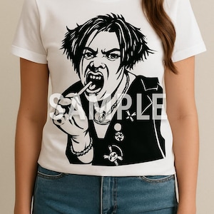 May include: A white short-sleeved t-shirt featuring a black graphic print of a person with short hair, an open mouth, and a lollipop. The person wears a vest with pins and a necklace. The word SAMPLE is printed in white across the center of the graphic. This image is part of the Yungblud Punk Rock Vector Art, Cricut & Silhouette (SVG PNG) digital download.