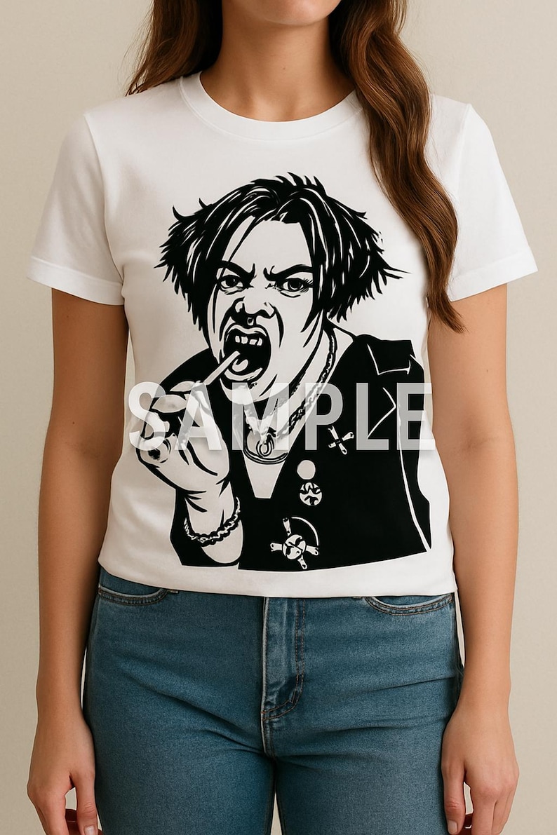 May include: A white short-sleeved t-shirt featuring a black graphic print of a person with short hair, an open mouth, and a lollipop. The person wears a vest with pins and a necklace. The word SAMPLE is printed in white across the center of the graphic. This image is part of the Yungblud Punk Rock Vector Art, Cricut & Silhouette (SVG PNG) digital download.