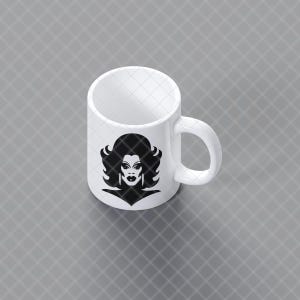 May include: A white ceramic mug featuring a black graphic illustration of a person with voluminous hair, dramatic makeup, and long earrings. The mug has a standard cylindrical shape with a curved handle on the right side, presented from an angle. This image is part of the RuPaul Drag Race Clipart Bundle, Queen of Drag SVG PNG JPG digital download.
