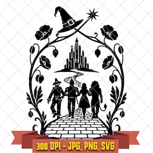 Könnte beinhalten: Ein schwarzes Silhouetten-Grafikdesign mit einem zentralen Schloss, einem gewundenen Pfad und vier Figuren auf einer Ziegelstraße. Die Szene ist von Blumenranken, einem Hexenhut und einem Stern umrahmt. Ein rotes Banner unten zeigt 300 DPI - JPG, PNG, SVG.