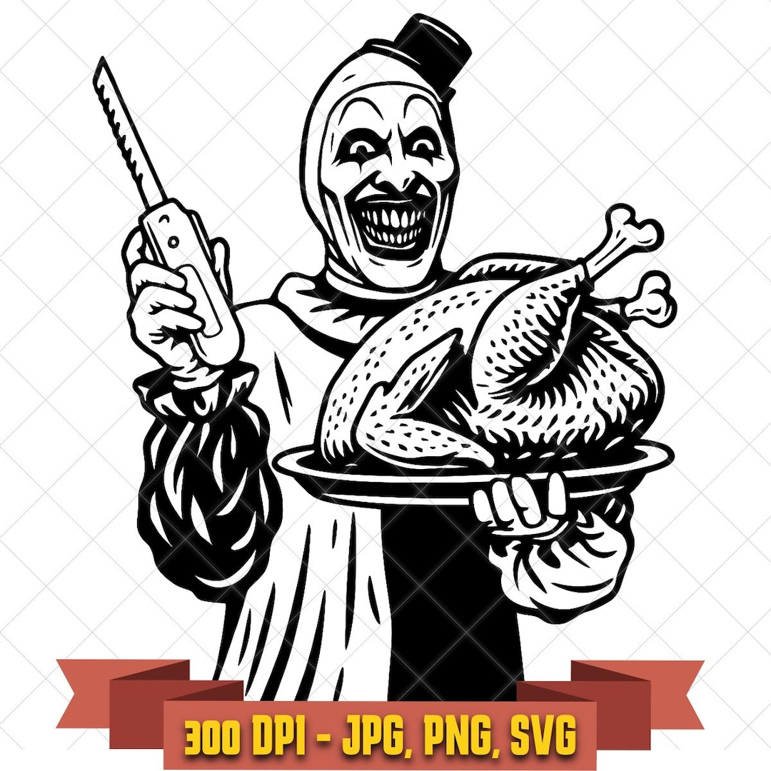 Black-and-white horror clown Thanksgiving cut file holding a carving knife beside a roast turkey
