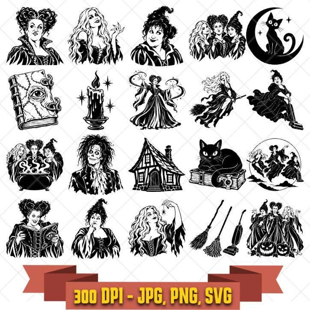 Twenty black-and-white witch sister and spooky Halloween coven cut files shown as a digital bundle