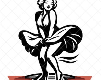 Könnte beinhalten: Eine schwarz-weiße grafische Illustration einer Person mit welligem Haar, die ein Kleid trägt, das nach oben weht. Die Figur steht auf einem Gitter. Unter der Figur befindet sich ein rotes Banner mit dem Text 300 DPI - JPG, PNG, SVG in gelben Buchstaben.