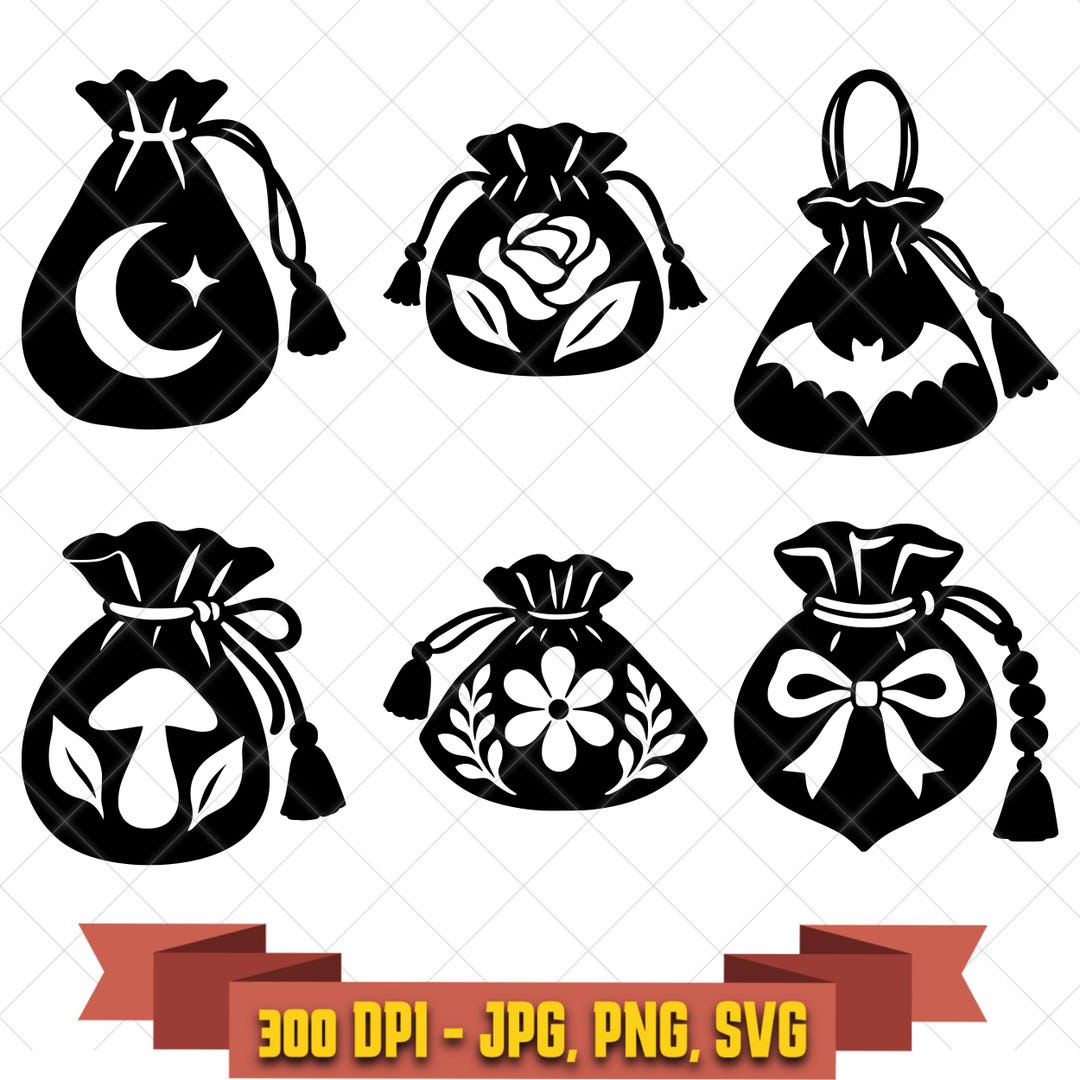 Reticule pouch digital-design bundle with crescent moons, roses, bats, florals, and decorative bag motifs