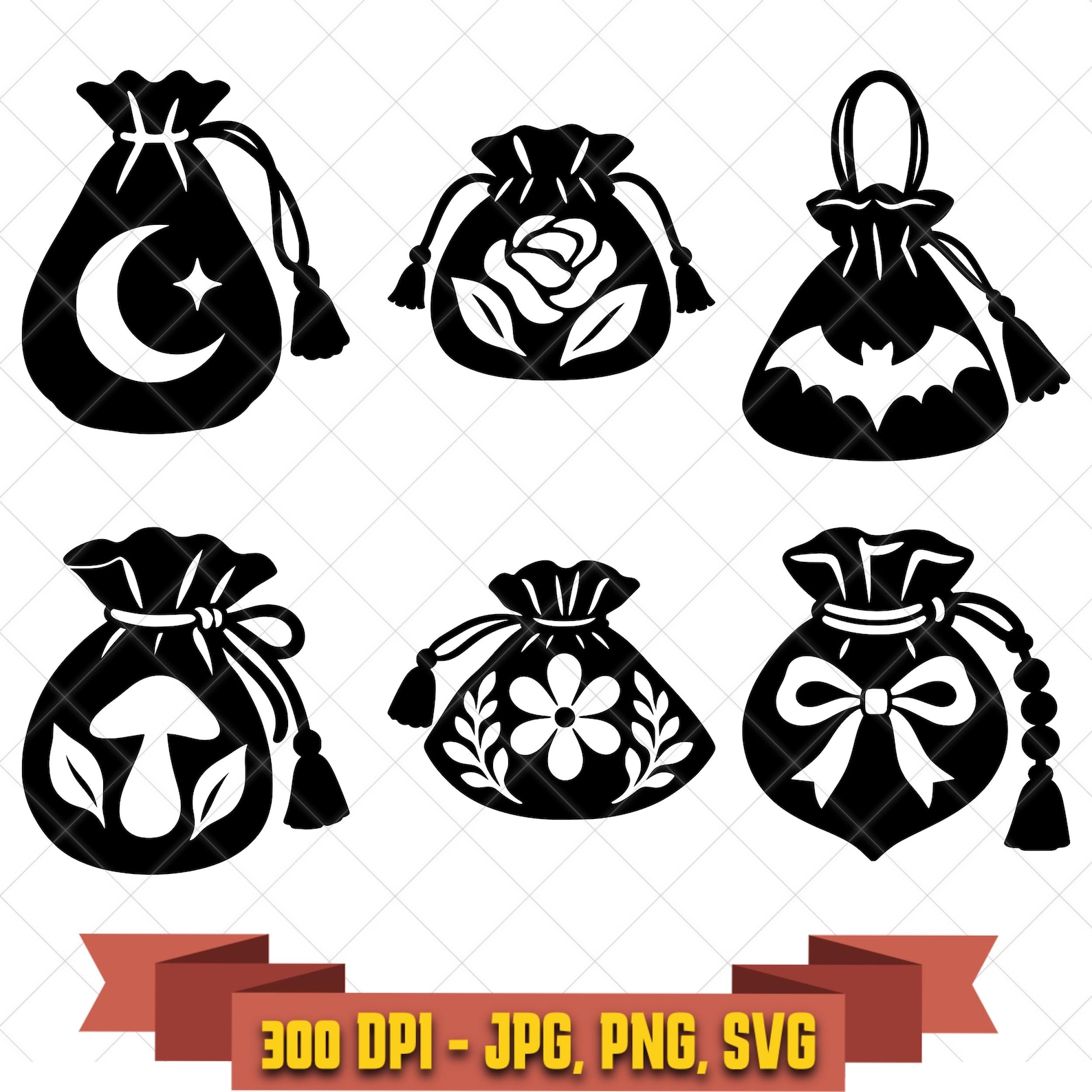 Reticule Pouch SVG Bundle, 6 Crescent Rose Bat and Floral Bag Designs, PNG JPG in the Decorative Elements collection by KleanKutChaos.