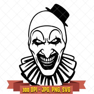 Art the Clown SVG, creepy horror clown face with ruffled collar black and white Terrifier clipart for Cricut and Halloween crafts
