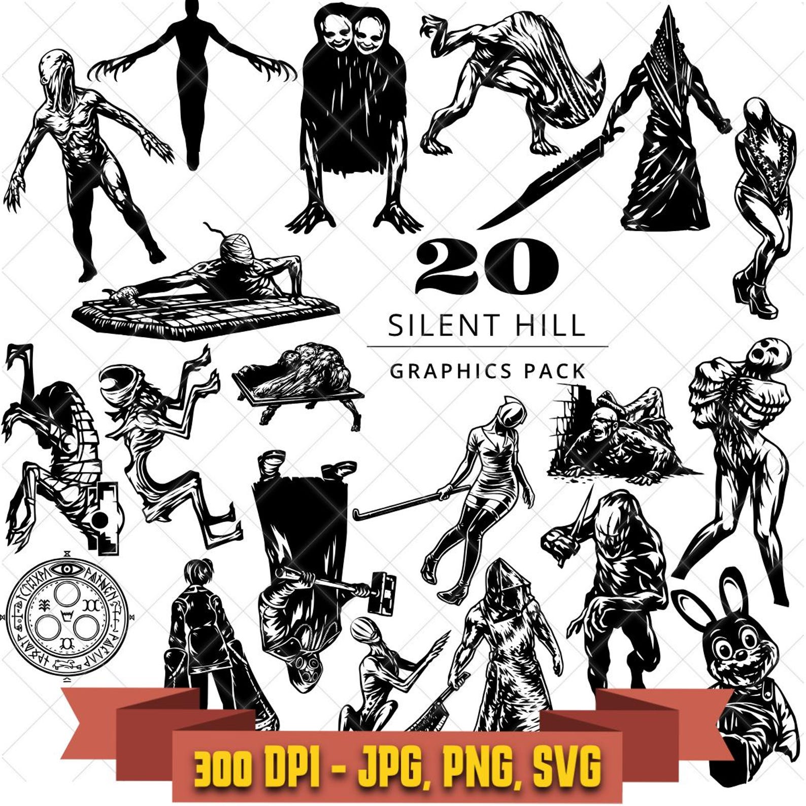 Silent Hill Inspired Horror Graphics Pack, Black White Monster Clipart (SVG, PNG, JPG) digital design bundle in the Horror/Halloween collection by KleanKutChaos.