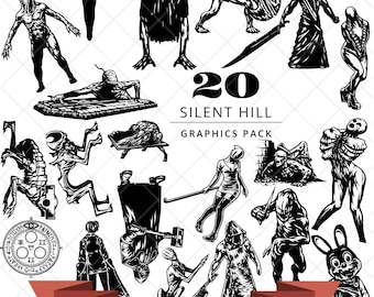Silent Hill-inspirerat skräckgrafikpaket, svartvitt monsterclipart (SVG, PNG, JPG)