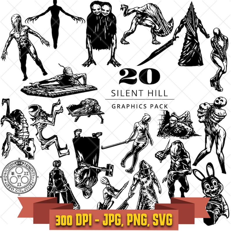 Black-and-white foggy horror monster graphics pack