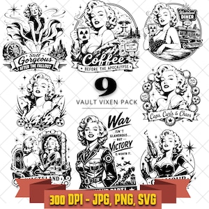 May include: A collection of nine black and white graphic illustrations featuring a blonde woman in various post-apocalyptic and retro-inspired scenes. The designs include text such as Still Gorgeous After The Fallout, Coffee Before The Apocalypse, Wasteland Diner, Caps, Curls & Chaos, and War Isn't Glamorous But Victory Is Worth It, presented in a digital pack format.