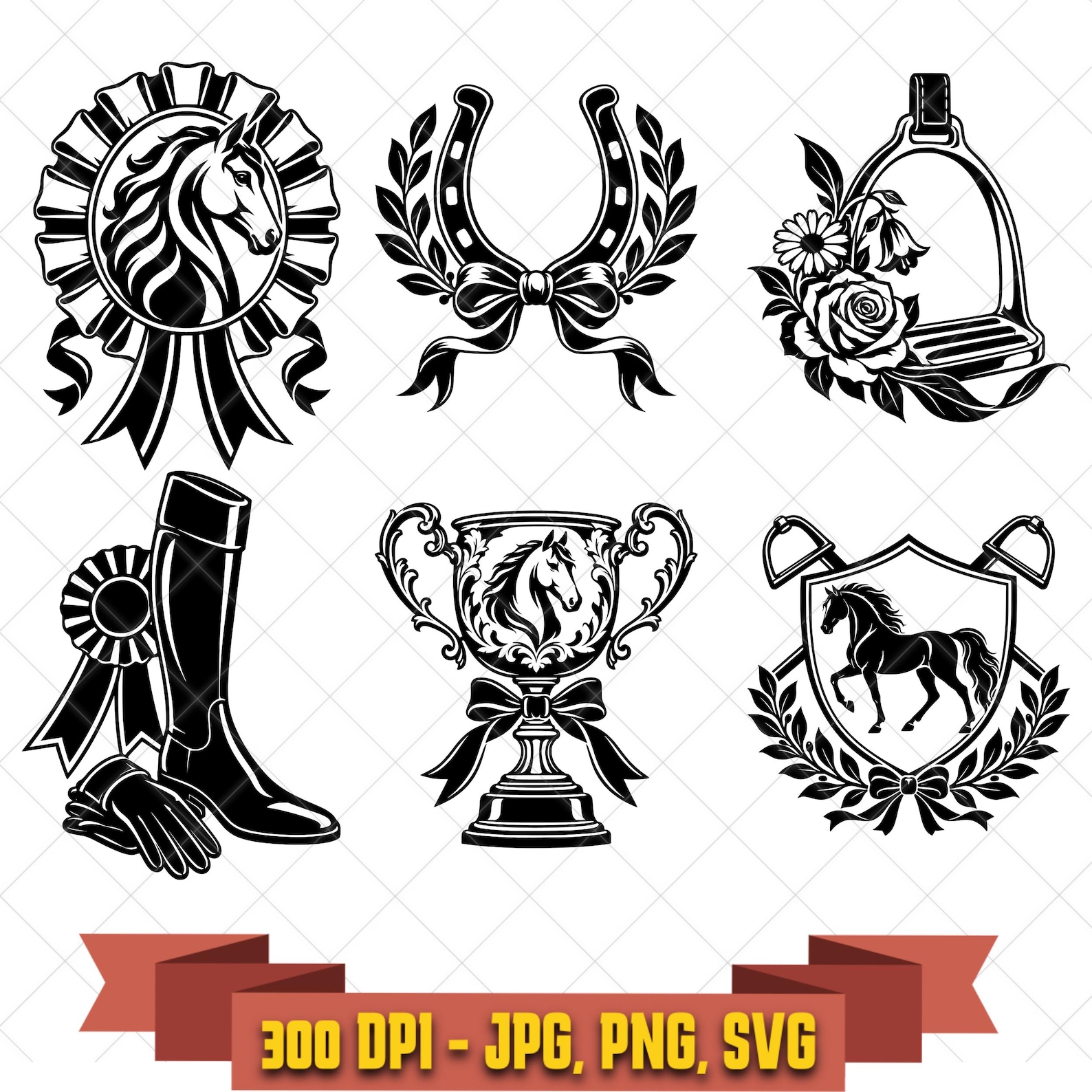 Equestrian Romance SVG Bundle, 6 Horse Rosette Horseshoe and Riding Designs, PNG JPG in the Decorative Elements collection by KleanKutChaos.