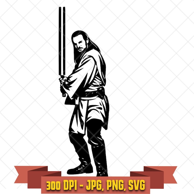 Black and white stylized graphic of Qui-Gon Jinn holding a vertical lightsaber, shown in flowing Jedi robes with long hair and a dramatic stance, designed for digital crafting and vinyl projects.