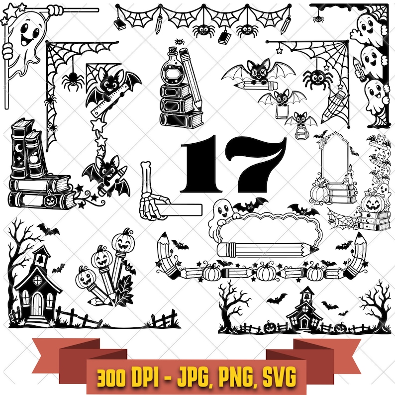Seventeen black-and-white Halloween classroom border cut files with coordinated spooky school frames and corner decorations