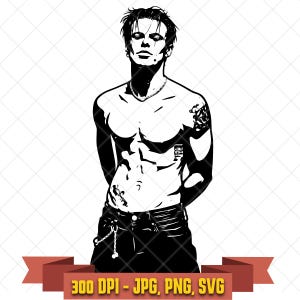 May include: A black and white graphic illustration of a shirtless person with short hair, a chain necklace, and tattoos on the shoulder and abdomen, wearing dark pants with a chain accessory. The text 300 DPI - JPG, PNG, SVG is visible.