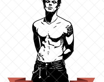 May include: A black and white graphic illustration of a shirtless person with short hair, a chain necklace, and tattoos on the shoulder and abdomen, wearing dark pants with a chain accessory. The text 300 DPI - JPG, PNG, SVG is visible.