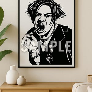 May include: A black and white graphic art print in a thin black frame featuring a stylized illustration of a person with messy hair, wearing a chain necklace and jacket, holding a small object to their mouth, with the word SAMPLE overlaid. This image is part of the Yungblud Punk Rock Vector Art, Cricut & Silhouette (SVG PNG) digital download.