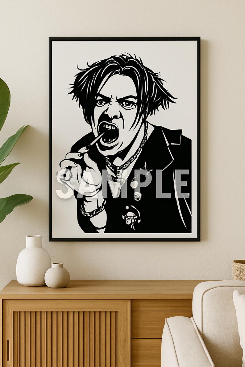 May include: A black and white graphic art print in a thin black frame featuring a stylized illustration of a person with messy hair, wearing a chain necklace and jacket, holding a small object to their mouth, with the word SAMPLE overlaid. This image is part of the Yungblud Punk Rock Vector Art, Cricut & Silhouette (SVG PNG) digital download.