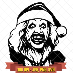Art the Clown Christmas SVG, creepy horror clown in Santa hat black and white Terrifier clipart for Cricut and Halloween crafts