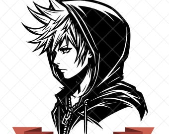 May include: A black and white graphic illustration of a character with spiky hair wearing a hooded jacket. The design features bold lines and high contrast, presented in a profile view. Below the character, a banner displays the text 300 DPI - JPG, PNG, SVG.
