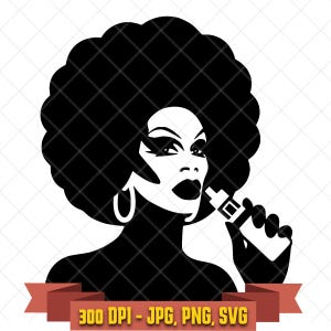 Drag queen SVG, glamorous performer with afro hairstyle and makeup black and white clipart for Cricut and pride crafts