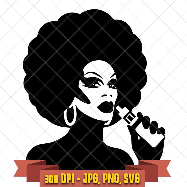 Drag queen SVG, glamorous performer with afro hairstyle and makeup black and white clipart for Cricut and pride crafts