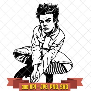 May include: A black and white digital illustration of a person with spiky hair, wearing a collared jacket and striped socks, crouching down. Below the figure is a red banner containing the text 300 DPI - JPG, PNG, SVG. This image is part of the Yungblud Silhouette Art, Pop Punk SVG PNG JPG Bundle digital download.