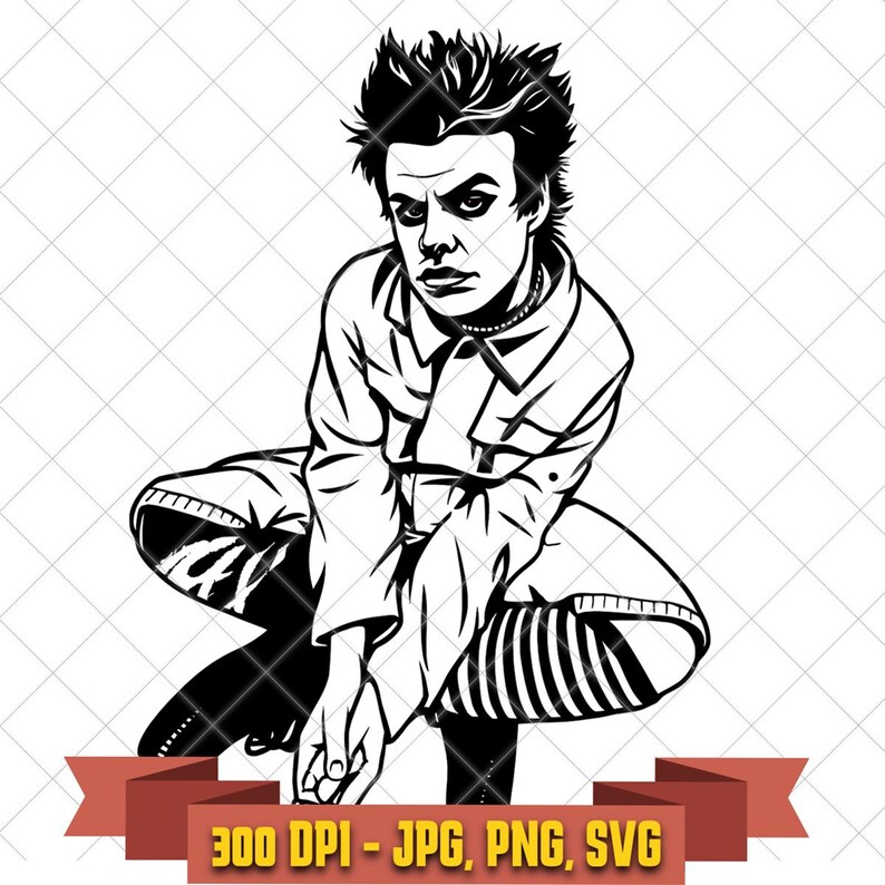 May include: A black and white digital illustration of a person with spiky hair, wearing a collared jacket and striped socks, crouching down. Below the figure is a red banner containing the text 300 DPI - JPG, PNG, SVG. This image is part of the Yungblud Silhouette Art, Pop Punk SVG PNG JPG Bundle digital download.