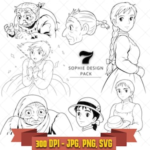 Puede incluir: Una colección de siete ilustraciones de arte lineal en blanco y negro que muestran a un personaje en varias edades y atuendos, incluyendo una persona joven con trenza y una persona mayor. El texto 7 SOPHIE DESIGN PACK y 300 DPI - JPG, PNG, SVG aparece.