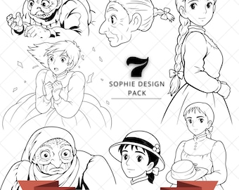 May include: A collection of seven black and white line art illustrations featuring a character in various ages and outfits, including a young person with a braid and an elderly person. The text 7 SOPHIE DESIGN PACK and 300 DPI - JPG, PNG, SVG appears.