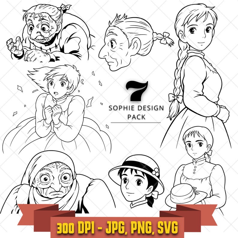 Seven black-and-white Sophie Hatter cut-file designs showing younger and older character portraits in varied outfits and detailed manga-style line art